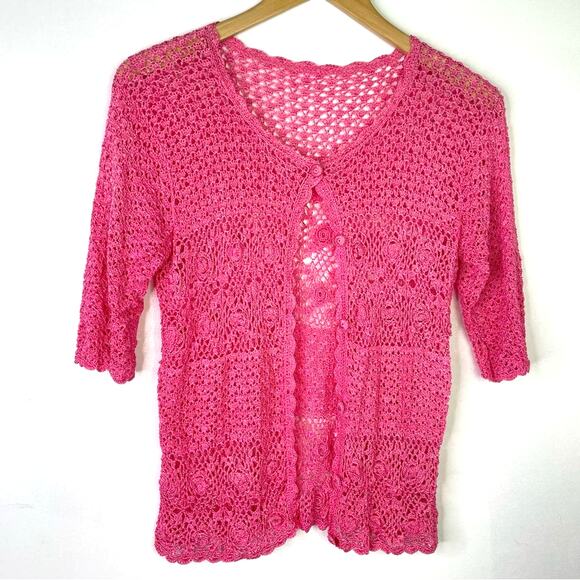 Knit Pink Cardigan Crochet Short Sleeve - Picture 3 of 8